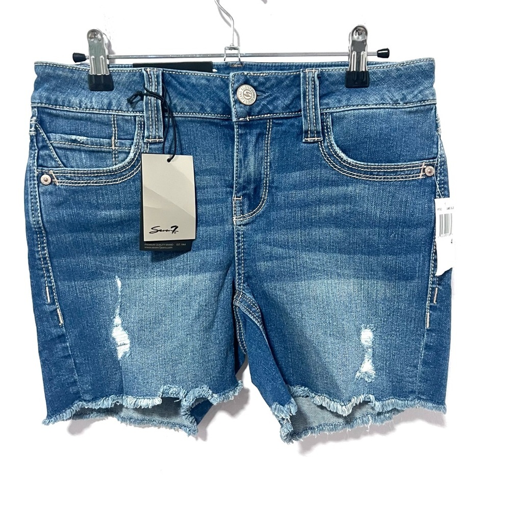 7 For All Mankind Blue Distressed mid rise stretch‎ Jean Shorts 4